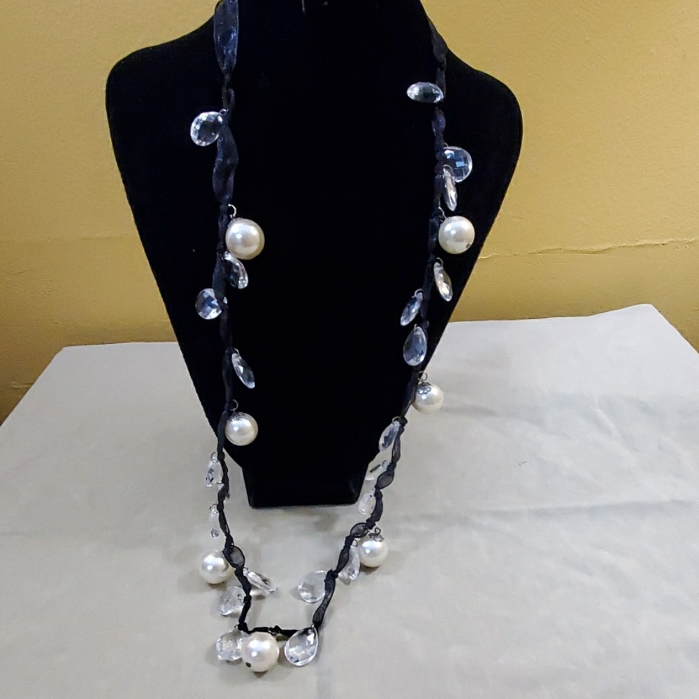 Stephan & Co Mesh Ribbon Faux Pearl Necklace #63